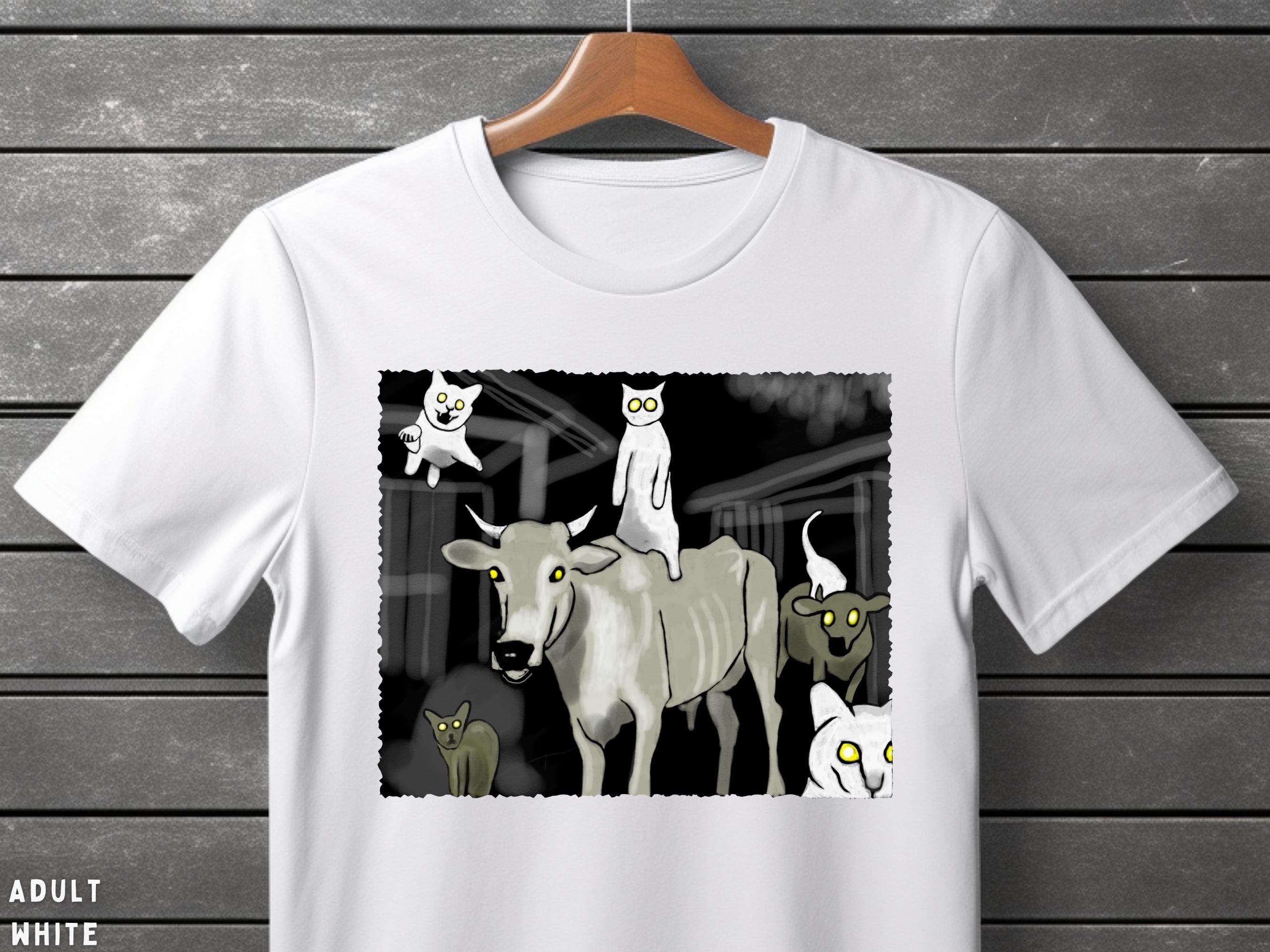 Creepy Cats and Cows Unisex Dark Aesthetic Weirdcore Funny Cat Meme Tshirt, Oddly Specific Shirt, Unhinged Gothic Horror Grunge Clothing