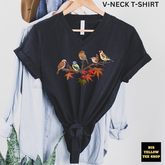 Pretty BIRDS on a Branch Unisex V-NECK T-Shirt, Wild Bird Gift, Goldfinch, Dunnock, Robin, Sparrow, Blue Tit, giftful bird lover, nice tits