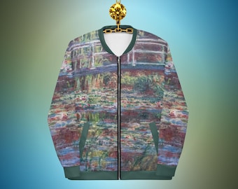Monets 'Le Bassin aux nymphéas, Harmonie rose' Chaqueta ligera unisex - Puente sobre el estanque de Monets y estampado de nenúfares - Regalo para los amantes del arte