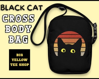 Umhängetasche im BLACK CAT RETRO-Design | Katzenliebhabertasche | Katzenhandtasche | Katzen-Umhängetasche | Katzenmann-Tasche | Katzendame Retro-Katzendruckdesign