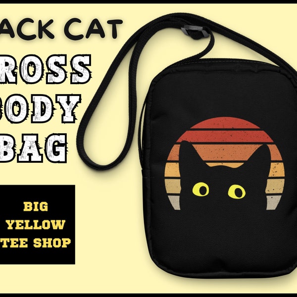 BLACK CAT RETRO Design Cross-Body Bag | Cat Lover Bag | Cat Hand Bag | Cat Shoulder Bag | Cat Man Bag | Cat Lady Retro Cat Print Design