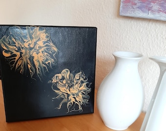 Dipinto astratto acrilico su tela, 20 x 20 cm, colatura acrilica nera e gialla, opera d'arte decorativa da parete, dipinto floreale
