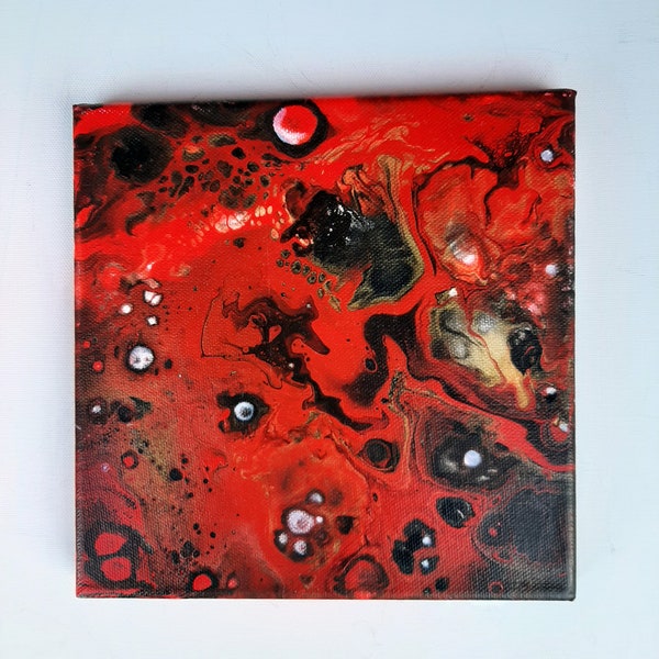 Rode abstracte acrylschilderij op canvas 20 x 20 cm acryl gietende artistieke wanddecoratie