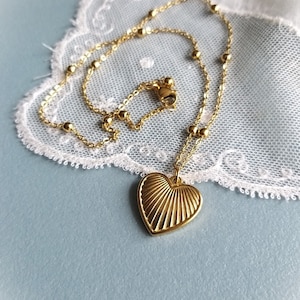 large gold heart necklace, sacred heart jewelry, art deco heart, ex voto pendant, Mother&#39;s Day gift