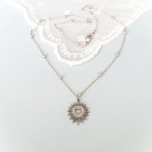 silver sacred heart necklace, ex voto necklace, sacred heart jewelry, astral heart, Virgin Mary necklace, ex voto pendant, Mother&#39;s Day gift