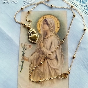 golden sacred heart necklace, ex voto necklace, sacred heart jewelry, Valentine's Day gift, Virgin Mary necklace, Mother's Day gift