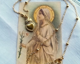 Goldene Heilige Herz-Halskette, Ex-Voto-Halskette, Heiliger Herz-Schmuck, Valentinstagsgeschenk, Jungfrau Maria-Halskette, Muttertagsgeschenk