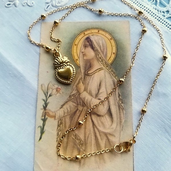 collier coeur sacré doré, collier ex voto, bijoux cœur sacré, cadeau saint valentin, collier vierge marie, cadeau fête des mères