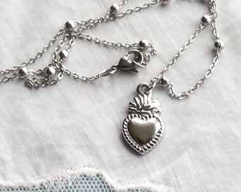 Silberne Heilige-Herz-Halskette, Ex-Voto-Halskette, Heiliger-Herz-Schmuck, Astralherz, Jungfrau-Maria-Halskette, Ex-Voto-Anhänger, Muttertagsgeschenk