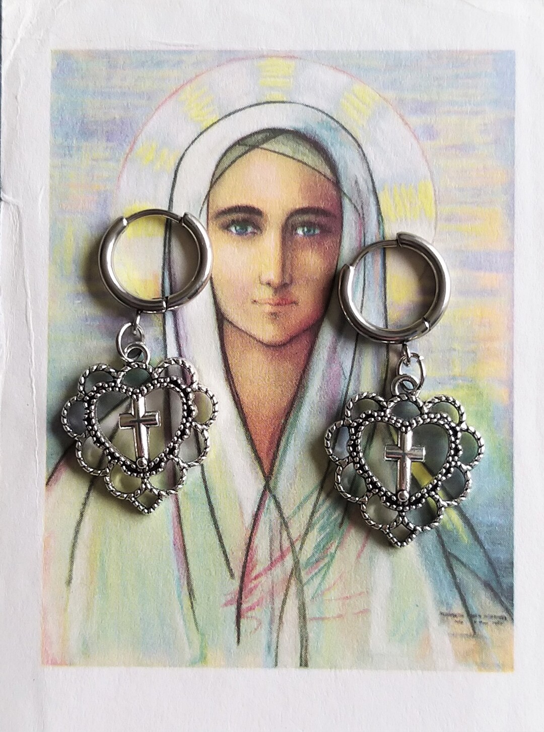 Silver Sacred Heart Earrings, Gothic Earring, Cross Earrings, Catholic