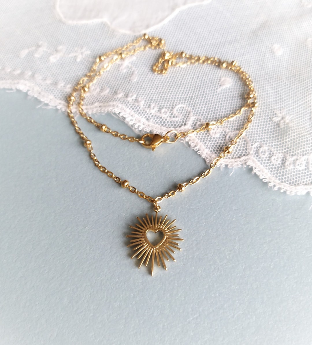 Golden Sacred Heart Necklace, Ex Voto Necklace, Sacred Heart Jewelry ...