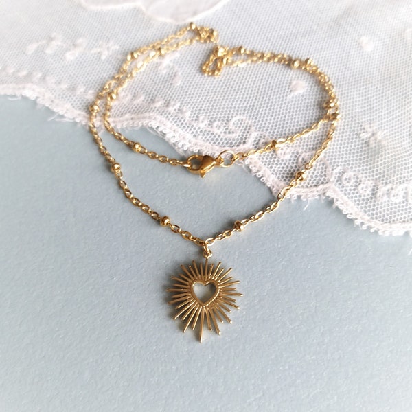 Collana in oro con cuore sacro, collana ex voto, gioielli con cuore sacro, cuore astrale, collana con Vergine Maria, collana ipoallergenica