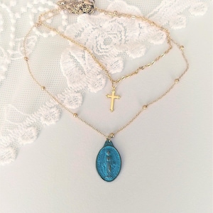 2-row cross and Virgin Mary medal necklace, religious necklace, Virgin Mary pendant, cross pendant