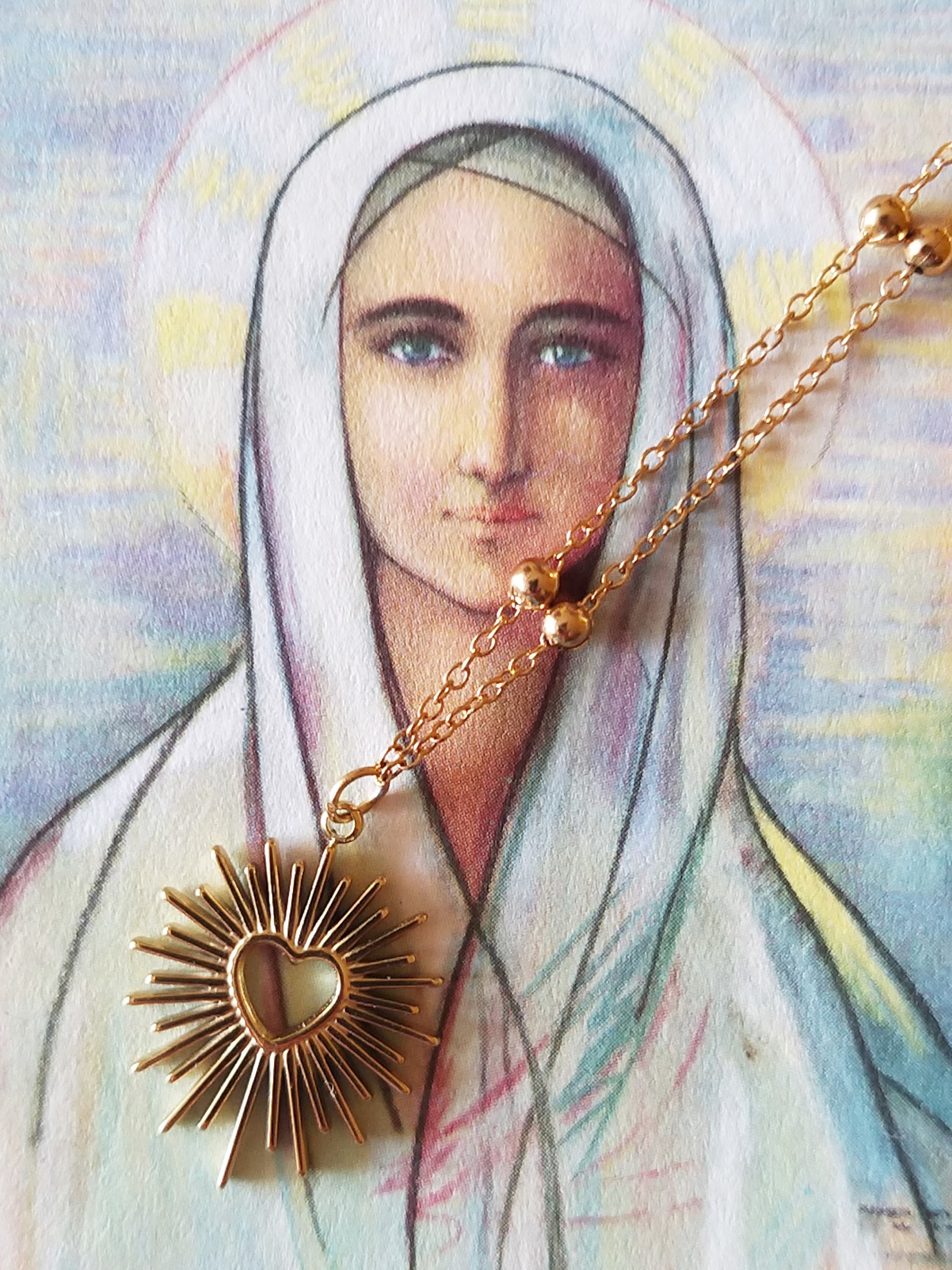 golden sacred heart necklace, ex voto necklace, sacred heart jewelry, astral heart, Virgin Mary necklace, ex voto pendant, Mother&#39;s Day gift