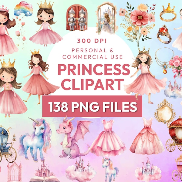 138 Watercolor Princess Clipart PNG Bundle, Fairytale, Unicorn Prince Clipart, Castle, Carriage Knight Castle Clipart, Dragon, Horses & More