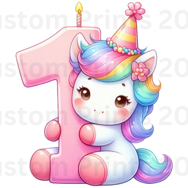 Unicorn Birthday PNG Digital Download File Cute Girl Age 1 Sublimation Party Celebration Re-Size 300dpi Quality