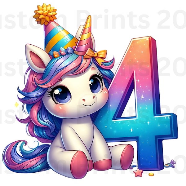 Unicorn Birthday PNG Digital Download File Cute Girl Age 4 Sublimation Party Celebration Re-Size 300dpi Quality