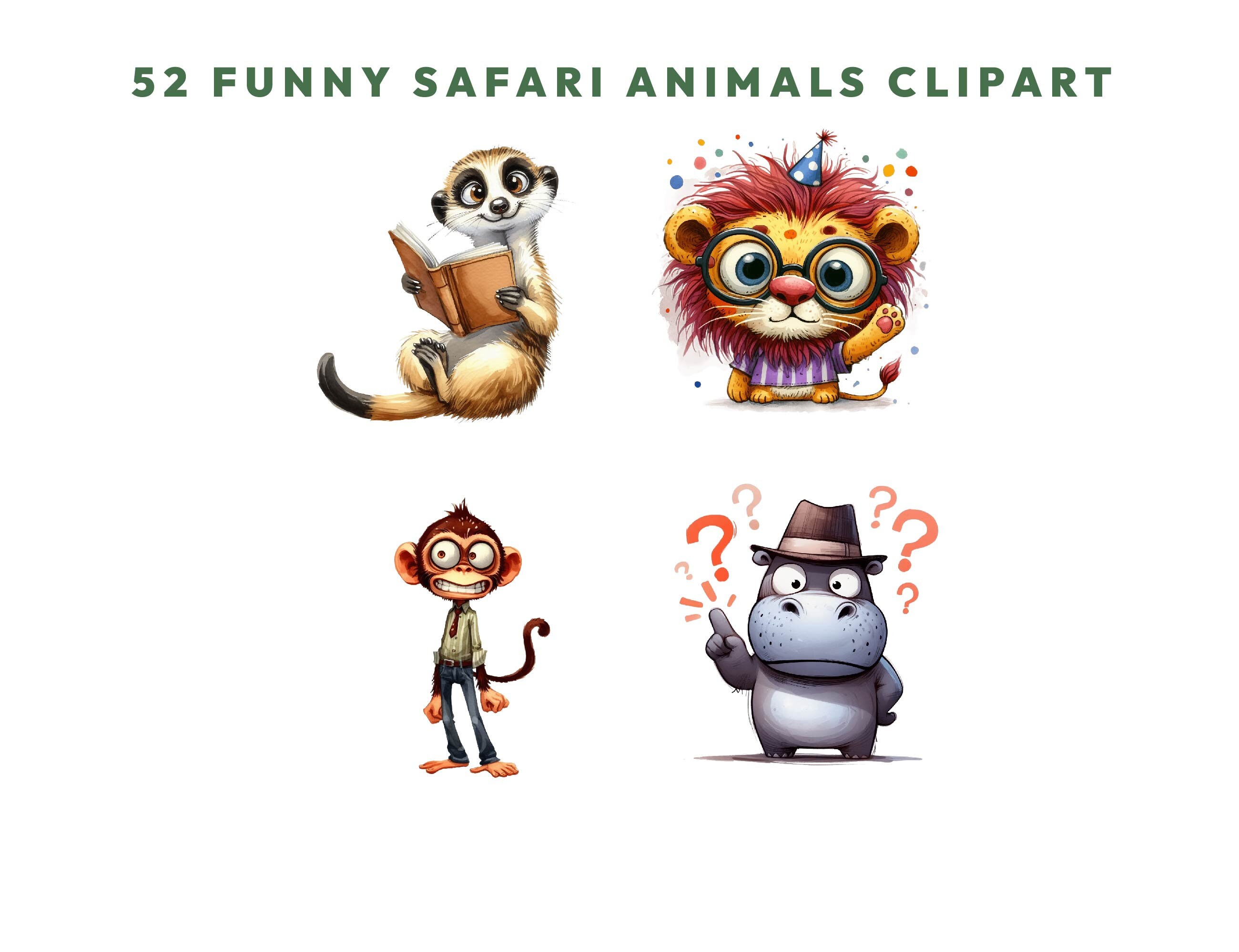 52 Funny Safari Animals Clipart, Jungle Animals PNG, Quirky Watercolor