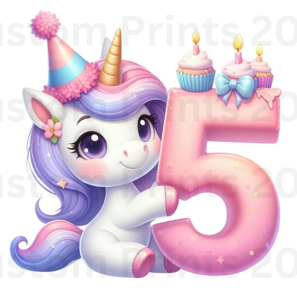 Unicorn Birthday PNG Digital Download File Cute Girl Age 5 Sublimation Party Celebration Re-Size 300dpi Quality