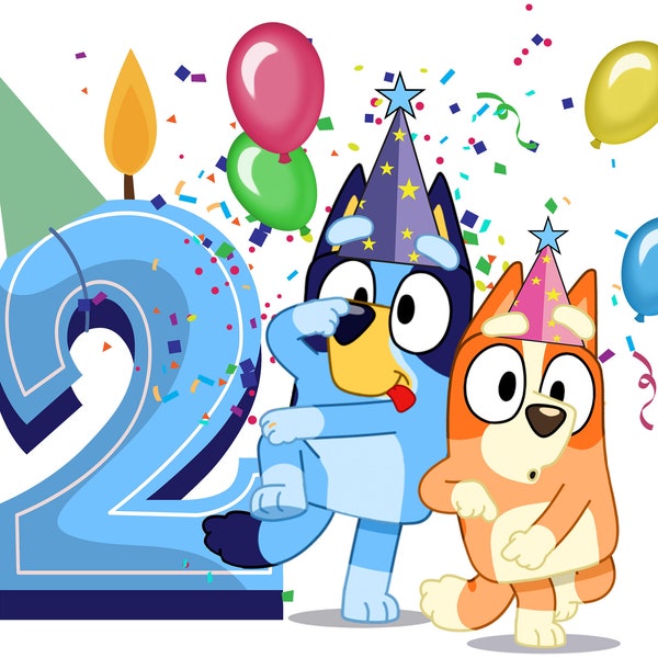 Blue Dog Birthday PNG Digital Download File Boy Age 2 Sublimation Party Celebration Re-Size 300dpi Quality