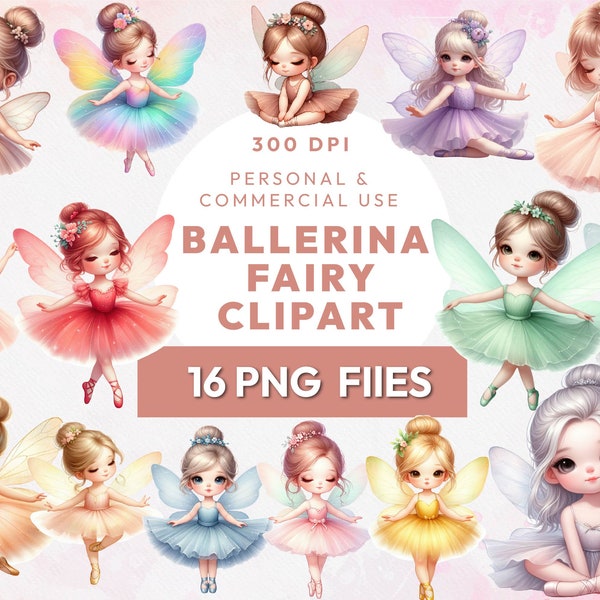 16 Fairy Ballerina Clipart Bundle, Pastel Watercolor Fairies ClipArt, Magic Fairytale, Digital Scrapbook, Transparent PNGs, Instant Download