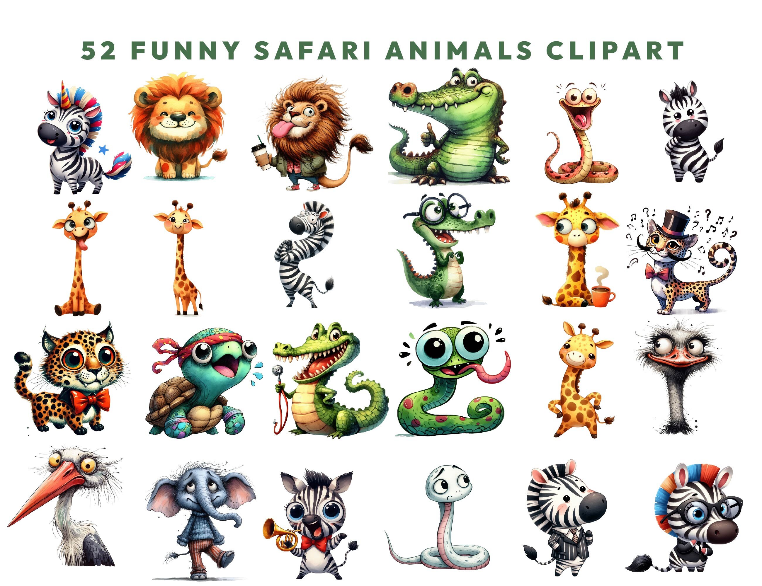 52 Funny Safari Animals Clipart, Jungle Animals PNG, Quirky Watercolor