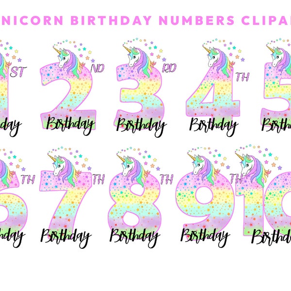 10 Pastel Birthday Unicorn Clipart, (1st 2nd 3rd 4th 5th 6th 7th 8th 9th 10th) Birthday Cake Topper PNG, Commercial Use, Instant Download