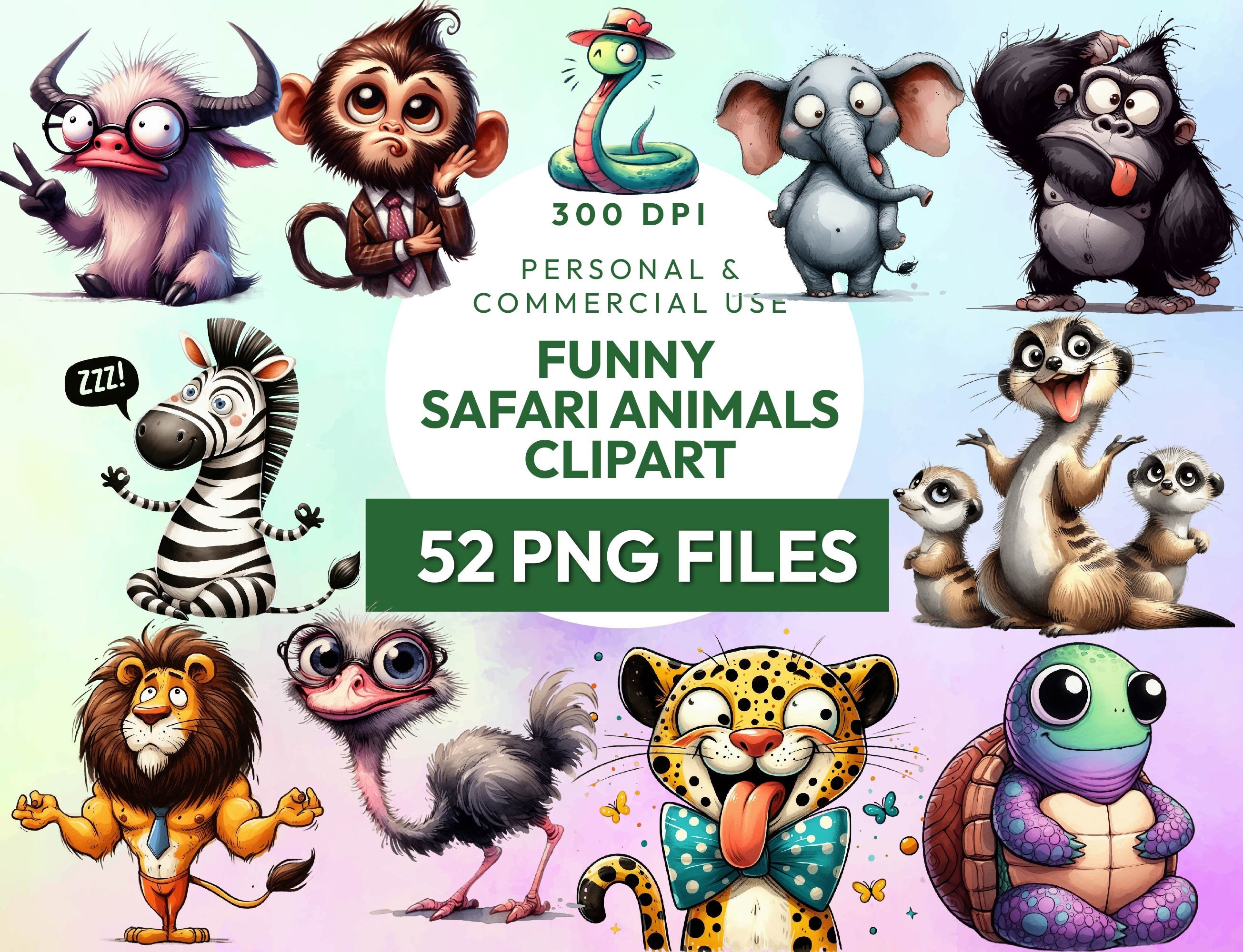 52 Funny Safari Animals Clipart, Jungle Animals PNG, Quirky Watercolor