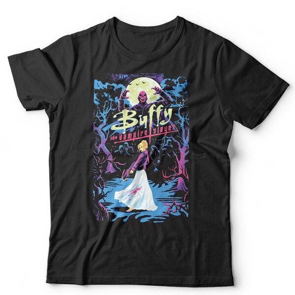 Buffy Retro Poster Art Tshirt Unisex & Kids Vintage Cartoon Horror Halloween Short Sleeve Crew Neck Classic Fit 100% Cotton