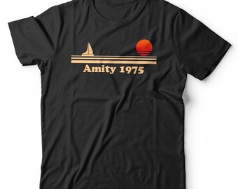 Amity 1975 Tshirt Unisex & Kids Shark Retro Jaws Vintage Short Sleeve Crew Neck Classic Fit 100% Cotton