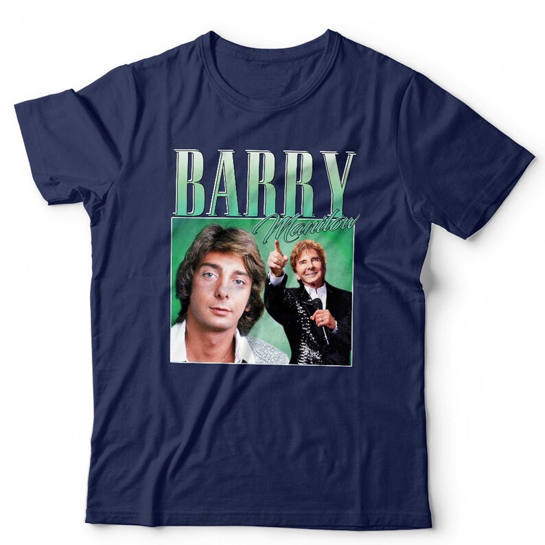 Barry Manilow Appreciation Tshirt Unisex Homage Throwback Stag and Hen Do Short Sleeve Crew Neck Classic Fit 100% Cotton Navy