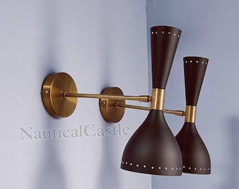 Matt Black Brass Wall Sconce Pair: Mid-Century Italian Diablo Lamp