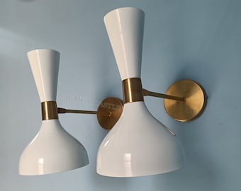 Mid Century Brass Diabolo Wall Sconce Pair: Stilnovo Style Vanity Lights