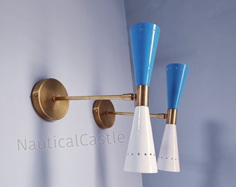 Pair Italian Brass Diablo Wall Sconces: Mid Century Blue & White Lights
