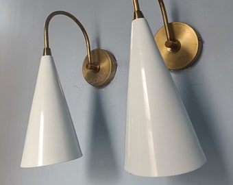 Brass Wall Sconce White Cone Shape - Mid Century 1950s Sconce - Vintage Italian Diabolo Wall Light - Adjustable Lamp Fixtures for Home Decor