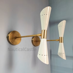 Mid Century Brass Wall Sconce Pair: Italian Diablo Bedside Lamps