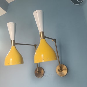 Brass Italian Diabolo Wall Sconce: Yellow & White Mid-Century Modern Lights (Set of 2)