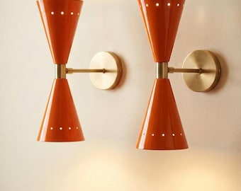 Orange Wall Sconce Pair Handmade Brass Mid Century : Stilnovo Style Bedside Light