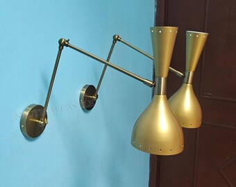 Mid Century Modern Brass Wall Sconce: Italian Diabolo Plugin Bedside Lamp