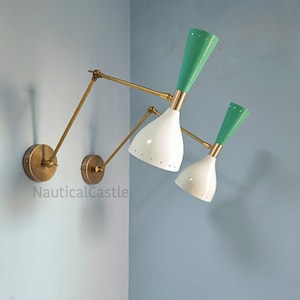 Mid Century Wall Sconce, Italian Diabolo Sconce Pair, White and Mint Green Wall Light Fxture, Stilnovo Style Adjustable Sconce Lamp Lighting