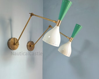 Mid Century Wall Sconce, Italian Diabolo Sconce Pair, White and Mint Green Wall Light Fxture, Stilnovo Style Adjustable Sconce Lamp Lighting