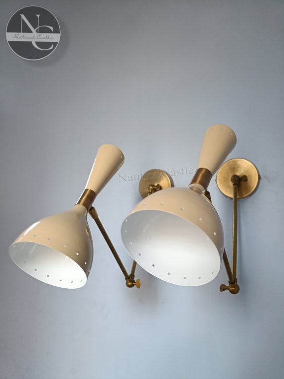 Lampade Da Parete Stile Anni '50 - Set Di 2, Bianco E Nero, Regolabili, In Ottone E Metallo - Foto 6