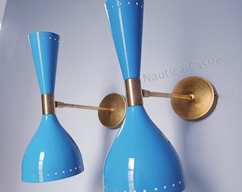 Mid Century Italian Diabolo Wall Sconce Pair: Sky Blue & Brass