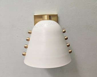 Matte White Wall Sconce Light Fixture Mid Century Modern Wall Lamp, Plug-In or Hardwired, Handmade Brass Wall Light Bedroom