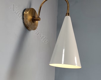 Mid Century Brass Wall Sconce: Italian Cone Lamp, White Shade