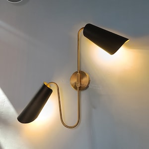 Brass Diabolo Wall Sconce Pair: Mid-Century Italian Black Sconce