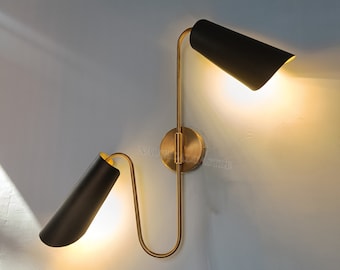 Brass Diabolo Wall Sconce Pair: Mid-Century Italian Black Sconce