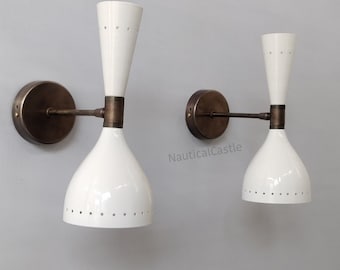 Mid Century Italian Diabolo Wall Sconces: Brass & White Glass, Plugin Pair