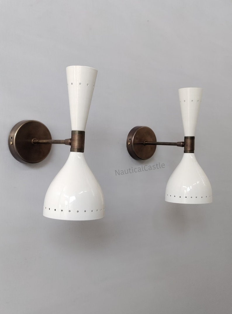 Shiny White Wall Sconce Pair 1950s Mid Century Brass Italian Etsy