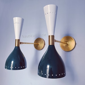Mid Century Italian Brass Wall Sconce Pair: Blue & White Diabolo Lights
